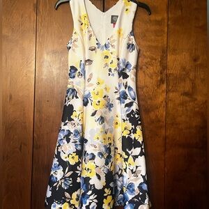 Vince Camuto White Floral A-Line Dress with Blue & Yellow Accents